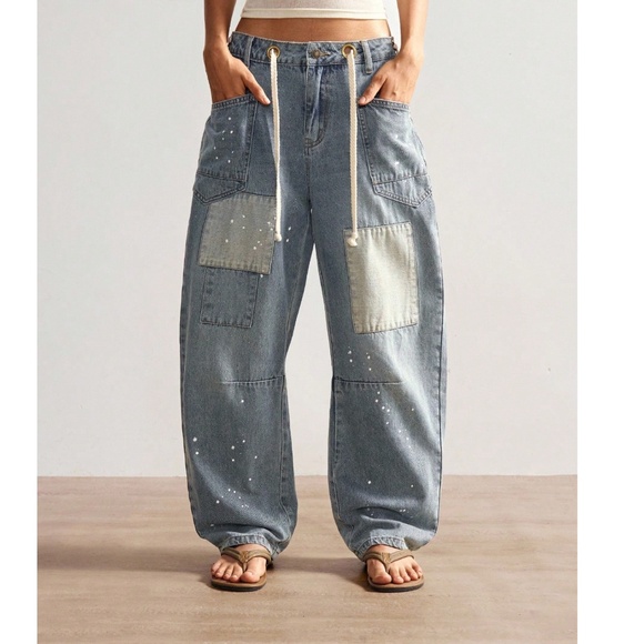 Medium Wash Speckled Color Block Wide leg Denim Jeans - Picture 3 of 6